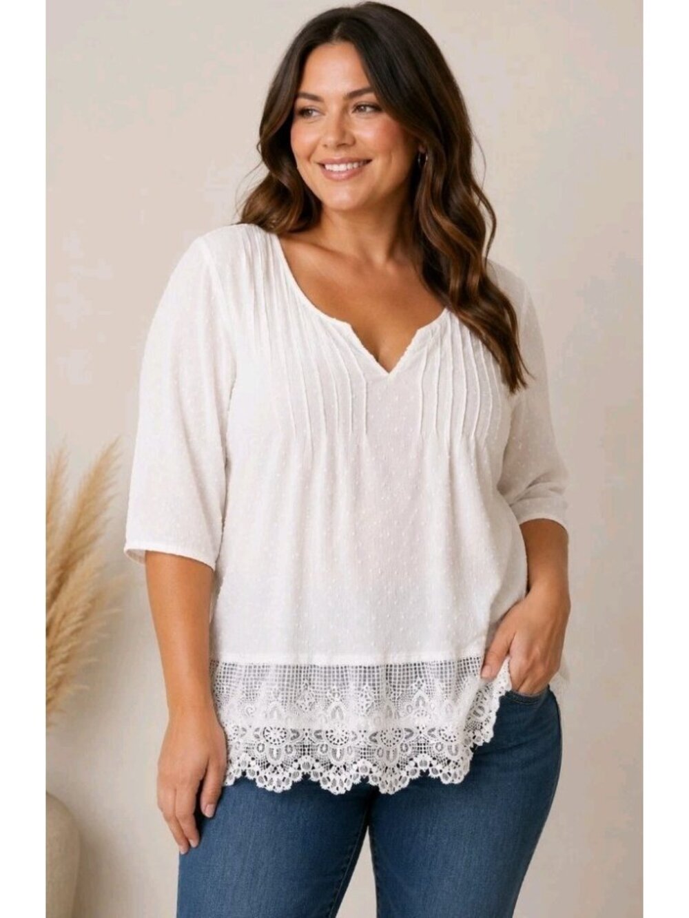 Boho Pintucked Sheer Blouse Swiss Dot Lace Detail Pullovet Lightweight 3XL White